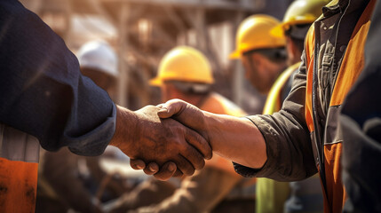 Shot hands of businessman meeting in a firm shake. Construction contractor join hands in success and good contracts, teamwork and collaboration. Generative AI - obrazy, fototapety, plakaty