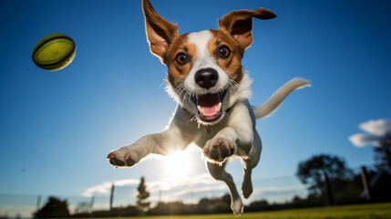 A playful Jack Russell Terrier catching a flying toy in mid-air, its eyes focused and tail wagging with anticipation Generative AI