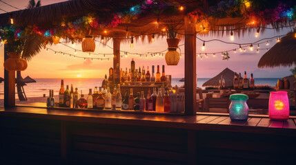 Fototapeta na wymiar Bar on the beach at sunset, party, view from the bar to the beach and Palms. Cozy atmosphere, mocap