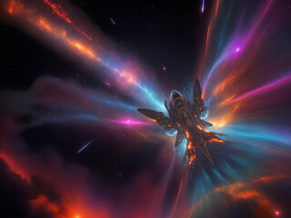 Back view of a space traveler flying in forced perspective to a fiery nebula generated by ai