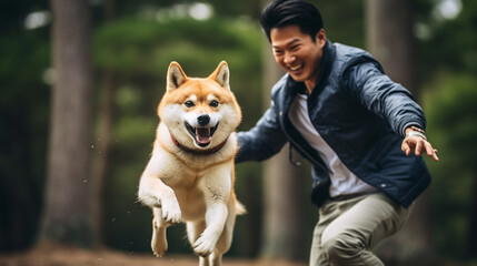 A spirited Shiba Inu and its owner engaged in a game of fetch, capturing the dog's spirited nature and the bond they share Generative AI