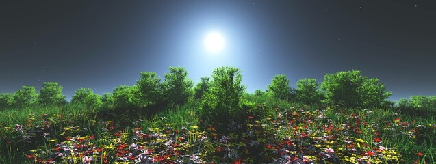 Beautiful meadow of green grass with flowers under the moonlight, glade blooming at night in the rays of the moon, 3d rendering