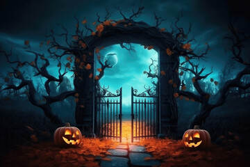 The way to Scary Halloween cemetry gates with glowing Jack-o-Lantern pumpkins in night.