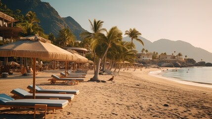 Obraz premium Oceanfront beach in a beautiful bay surrounded by rocks with sun loungers and umbrellas at sunset, wide angle