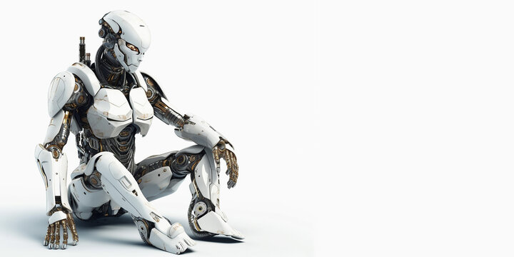 Portrait of a thoughtful sitting humanoid robot, close-up. Generative AI