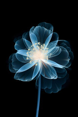 Blue transparent flower in x-ray style on a black background. Minimalistic monochrome botanical design.