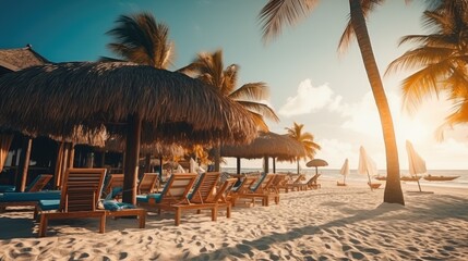 Fototapeta premium Oceanfront beach in a beautiful bay surrounded by rocks with sun loungers and umbrellas at sunset, wide angle