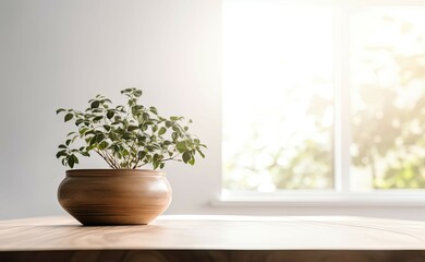 Fototapeta premium Modern Interior Design Concept with White Wall Background. Tabletop for your product with Tree Pot and Beautiful Plants as Decoration in Room