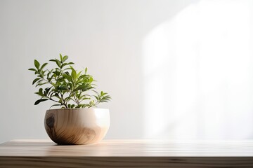 Modern Interior Design Concept with White Wall Background. Tabletop for your product with Tree Pot and Beautiful Plants as Decoration in Room