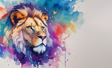 Watercolor Animal Illustration with Beautiful Wild Lion on White Background. Aquarel Painted Style Zoo Wallpaper Design for Banner, Poster, Invitation or Cover. AI Generated.
