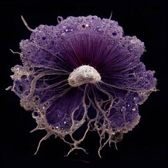 surreal microphotography virus infecting neurons hairy micellium baked on stalagmites purple white 