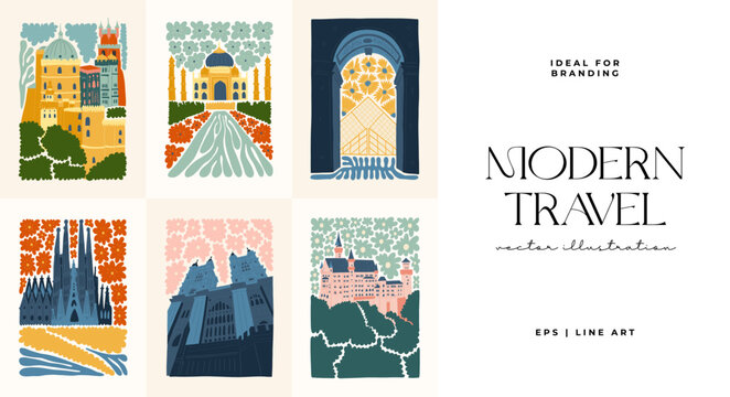 Floral and travel abstract elements. Botanical composition. Modern trendy Matisse minimal style. Floral poster, landmark. Vector arrangements for greeting card or invitation design