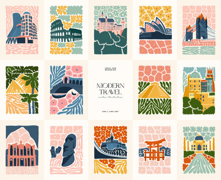 Floral and travel abstract elements. Botanical composition. Modern trendy Matisse minimal style. Floral poster, landmark. Vector arrangements for greeting card or invitation design