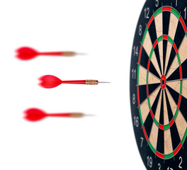red dart arrows flying to target dartboard. Metaphor to target success, winner concept. transparent...