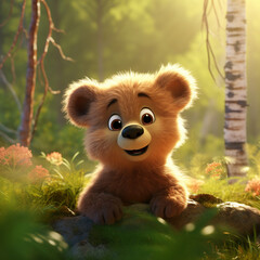 cartoon illustration of a cute brown bear cub in the forest