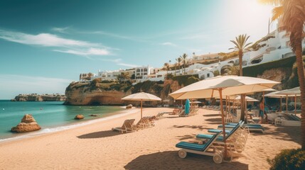 Obraz premium Oceanfront sand beach in a beautiful bay with sun loungers and umbrellas at sunset, wide angle
