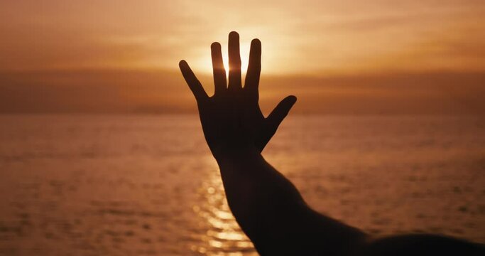 Hand silhouette of happy dreaming woman pull to the sun at sea sunset. Happy woman dreamily stretches out her hand to the evening sun at golden sunset. Dream concept.