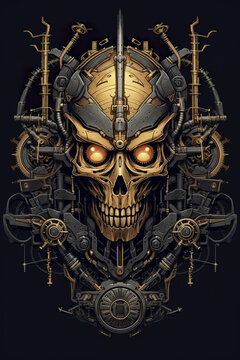 A skull with gears and a sword on a black background. Generative AI.