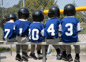 Helmeted members of a little league baseball team sitting on the team bench waiting to hit,...