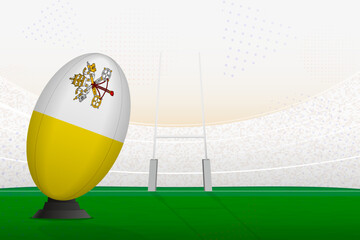 Naklejka premium Vatican City national team rugby ball on rugby stadium and goal posts, preparing for a penalty or free kick.