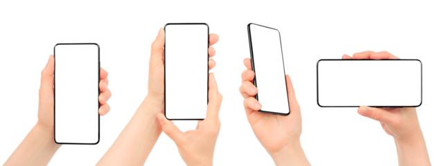 Set of Woman hands using smartphone with blank screen, isolated on transparent background