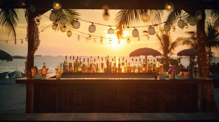 Bar on the beach at sunset, party, view from the bar to the beach and Palms. Cozy atmosphere, mocap