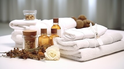 Fototapeta na wymiar Towels with herbal bags and beauty treatment items setting in spa center in white room, Generative AI