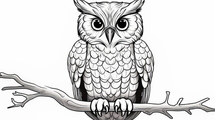 Children's coloring book with an owl, black and white graphics with a curly pattern. The development of motor skills of children with drawings. Generative AI