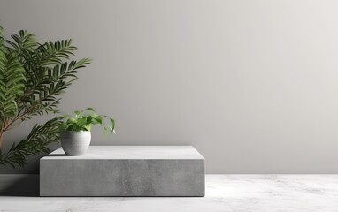 Empty concrete cube podium with green tropical plants in vase background. 3d stage showcase for decoration, luxury cosmetic, skincare, spa beauty product