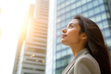 Close up of a young businesswoman at the street with skyscrapers on the background. Generative AI.