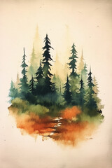 Simple forest design in water color style painnting. AI generative