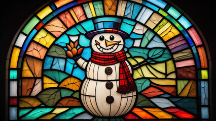 A snowman depicted as a stained-glass window with vibrant colors. AI Generated