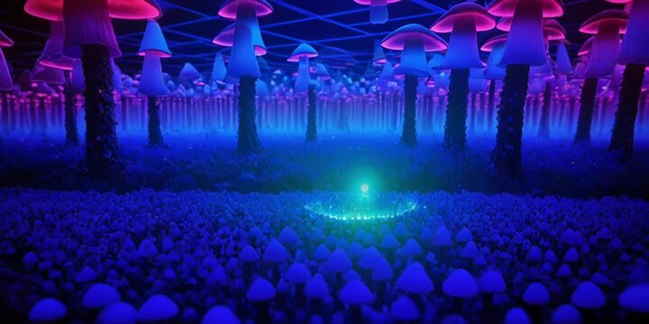 Explorer in neon magic mushroom forest, a.i. generated