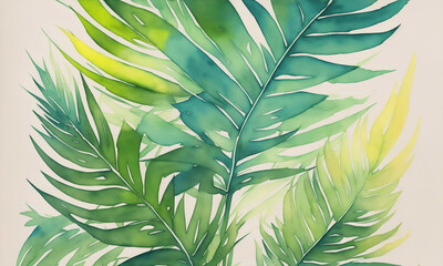 Fototapeta na wymiar Watercolor Nature Pattern with Botanical Green Leaf on White Background. Aquarelle Wallpaper Design for Banner, Poster, Invitation or Greeting Card. AI Generated.