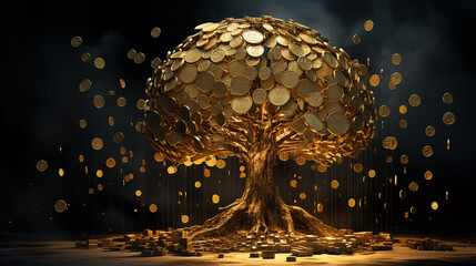 Generative AI image of a vibrant digital tree made of crypto coins, symbolizing the flourishing ecosystem and boundless growth potential within the world of decentralized finance. - obrazy, fototapety, plakaty