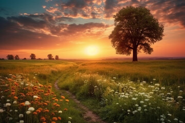 Fototapeta na wymiar Sunset over a field with nature. AI generative