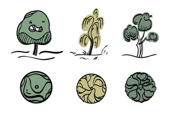 Green garden tree and bushes set. Design elements for poster or drawings or collages for architects and landscape designers. illustration isolated on white background