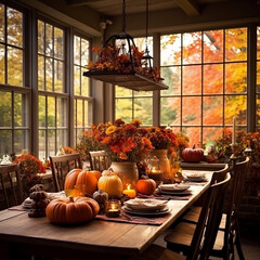Herbstlich gedeckter Esstisch, Thanksgiving, Herbstdekoration - obrazy, fototapety, plakaty