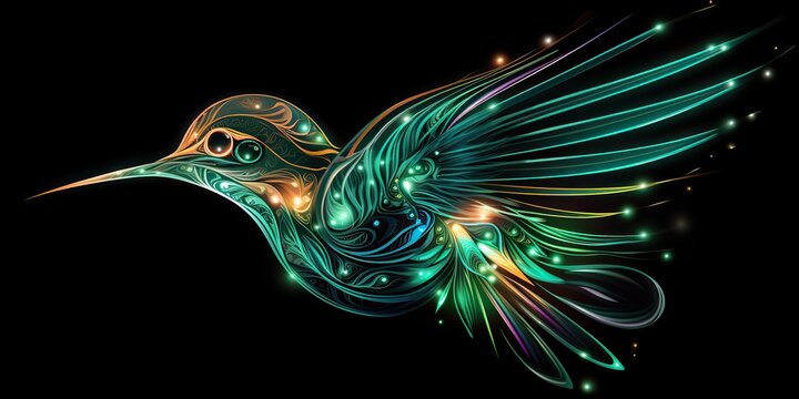 AI Generated. AI Generative. neon Illustration of calibri bird hummingbird. Animal wild life nature vibe decoration design art.  Graphic Art