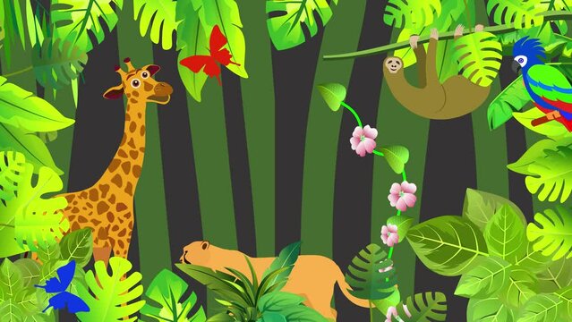 Jungle scene animation. giraffe. monkey. parrot and elephant 2d animation green plants.