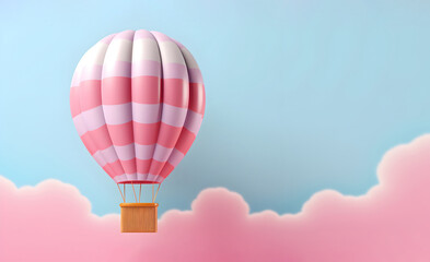 Obraz premium Hot air balloon flies on light background with pink clouds in the blue sky. Bubblegum colors postcard, copy space. Generative AI