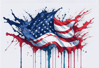 Watercolor Flag of America with Paint Splash on White Background. 4th of July Independence Day of the USA Illustration for Banner, Poster, Invitation, Greeting Card or Cover. Ai Generated.