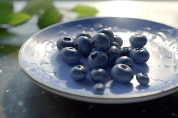 Juicy delicious blueberry lies on a beautiful plate, Ai generated