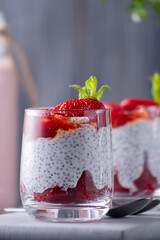 Healthy pudding with chia seeds and strawberries with honey. Healthy eating