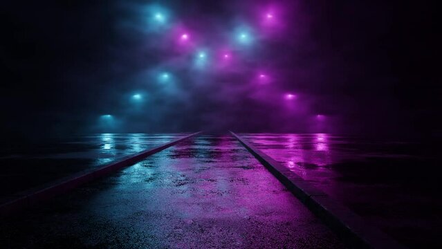 Landscape With An Old Asphalt Road And Light Cross In Mystical Smoke Without People. Neon Lights 80s Sci-Fi Style. Fashion Render Design Banners. Seamless 3D Animation. 4K Loop. Concept Stock Video