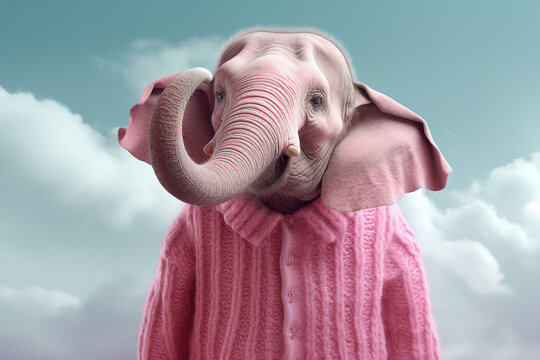 Template collage of elephant portrait face wear pink knit jumper over heaven background generated ai picture