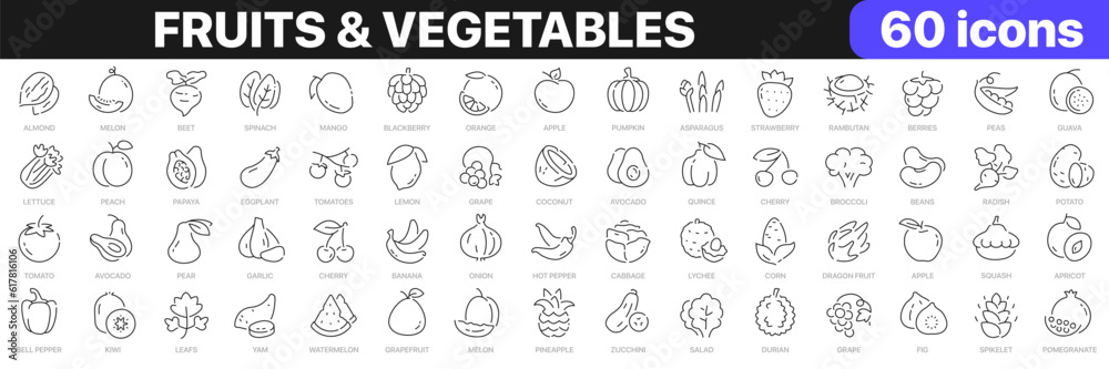 Poster fruits and vegetables line icons collection. ui icon set. thin outline icons pack. vector illustrati