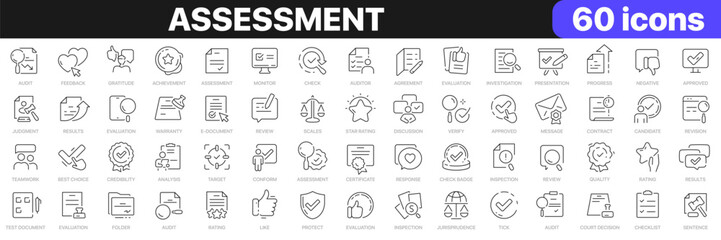 Assessment line icons collection. Evaluation, feedback, warranty, audit, justice icons. UI icon set. Thin outline icons pack. Vector illustration EPS10
