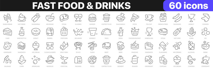 Fast food and drinks line icons collection. Bar, restaurant, food icons. UI icon set. Thin outline icons pack. Vector illustration EPS10