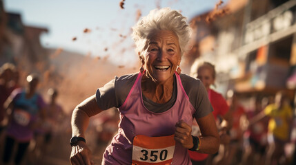 inspiring portrait of an elderly woman running a marathon 